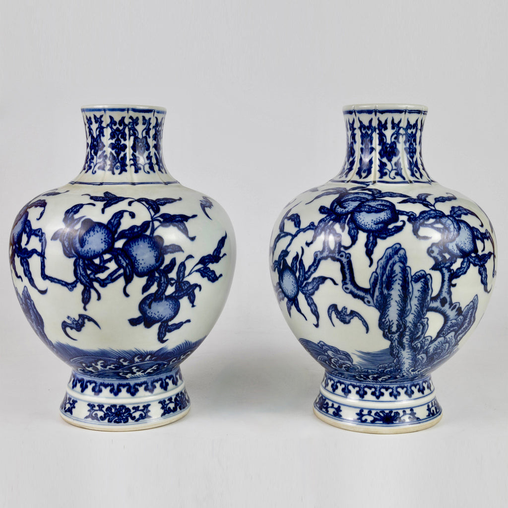 P2009 Pair of Fine Blue and White "Peach" Vases